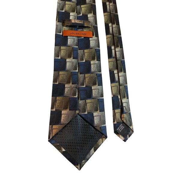 Axis Mens Silk Neck Tie Blue Gray Gold Squares Geometric Work Dad Gift - Picture 4 of 7